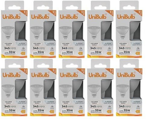 Unibulb GU5.3 MR16 3.4W Energy Efficient LED Spotlight Downlight Ceiling Light Bulb, 345 Lumens, 4000K Cool White, 35W Equivalent, 25,000hr Lifespan, 12V, Non-Dimmable (10)
