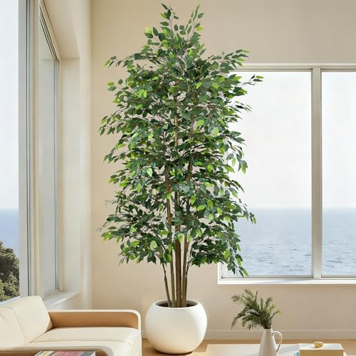Artificial Ficus Tree 8.2FT(98in) Tall Large Faux Trees with Realistic Leaves, Fake Ficus Floor Potted Artificial Plants for Home Office Living Room Indoor Outdoor Decor (8.2feet,1Pack)