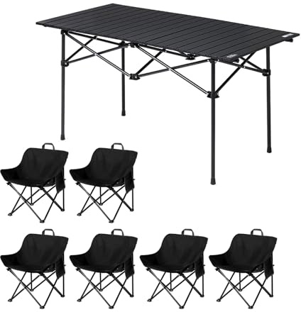 HBOOMOEM Klappbarer Campingtisch Mit StüHlen，Robuster Tisch Und StüHle Im Freien Set ，Leicht Und Einfach Zu Tragen, Geeignet FüR Garten, Party, Picknick, Grillen.(Black,121CM+6 Chairs)