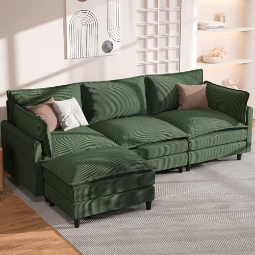 APICIZON Sofa mit Schlaffunktion, Cloud Couch, Sofa L Form, Eckcouch-275x132x80cm, Sofas XXL, Wohnzimmer Cord Schlafcouch, Seitliche Magazin-Aufbewahrungstasche, Grün
