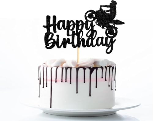 Motorcycle Happy Birthday Cake Topper Glitter Black Motorcycle Decorations for Motorcycle Racing Theme Party Birthday Party Supplies
