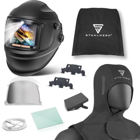 STAHLWERK Casque de soudage Automatique 3-en-1 RAPTOR – Kit avec bonnet de soudure, True Colour, éclairage LED, obscurcissement Auto. DIN 4-13, Classe Optique 1/1/1/2, Champ 116x81mm, écran de soudage