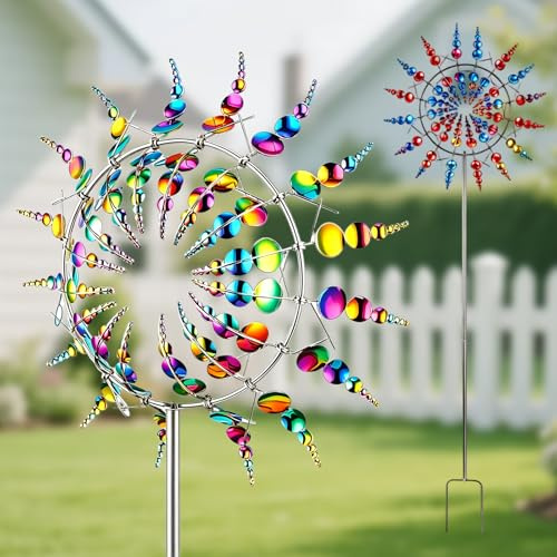 3D Metall-Windmühle, 30cm Magische Windmühle, Einzigartige und Magische Windspiel Garten mit Metall-Gartenpfahl, 360° Dual Rotors Kinetische Wind Spinner für Terrasse Patio Rasen Garten (Farbig)