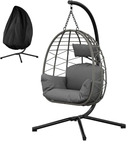 GarveeMore Hängesessel mit Gestell Outdoor für Balkon, Verstellbar Hängesitz mit Dicken Kissen bis 130 kg Tragkraft, Böhmisch-Stil Schaukelsessel mit Regenschutz-Abdeckung, Deko für Indoor Wohnzimmer