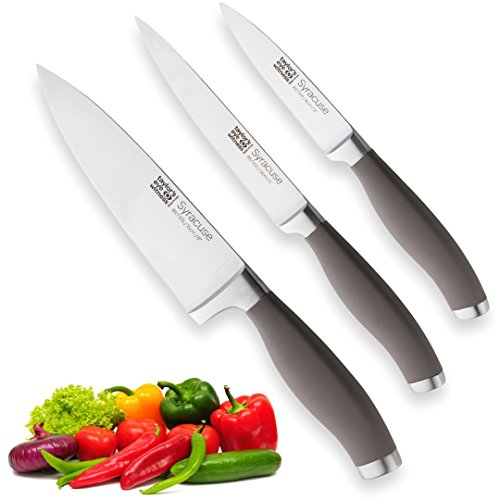Taylors Eye Witness Syracuse Kitchen Knife 3pce Set - Paring 9cm/3.5”, Chefs 15cm/6” & Cooks All Purpose 13cm/5” Cutting Edge. Ultra Fine, Razor Sharp Blade. Soft Textured Grey Handle Tactile Grip.