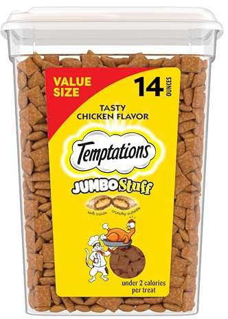 Temptations Jumbo Stuffed Cat Treats, Crunchy and Soft Cat Treats, Tasty Chicken Flavor, 14 oz. Tub