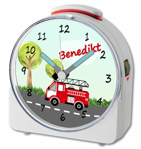 CreaDesign, WU-71-1009, Feuerwehr, analog Kinderwecker weiß, Funkwecker mit Sweep-Uhrwerk und fluoreszierenden Zeiger und Licht, personlisiert mit Namen, 10,2 x 4,6 x 11 cm