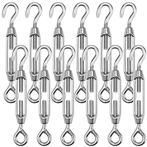 Hedume 12 Pack M4 Hook & Eye Turnbuckle Wire Rope Tension 304 Stainless Steel