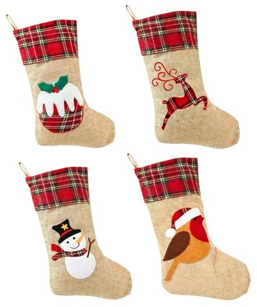 45cm Pack of 4 Assorted Xmas Stockings, Burlap Hessian Linen Christmas Hanging Sack Socks, Christmas Pudding, Reindeer, Robin, Snowman Designs for Festive Home Decorations