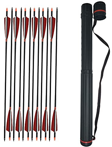 SHARROW 32 Zoll Carbon Pfeile für Bogenschießen Spine 500 Kohlenstoffpfeil Jagd Bogen Pfeile Jagdpfeile mit 5 Zoll Natürliche Federn für Pfeil Und Bogen Recurvebogen Compoundbogen (12P+1Köcher)