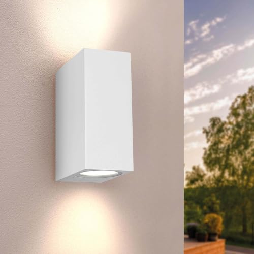 Ledvion Helene, LED Wandleuchte Außen Weiß Kubus, Beidseitig Für Zwei GU10 Up&Down, Außenwandleuchte, Wandlampe, Außenlampe, IP54 | Für Einfahrt Gartenweg Terrasse oder Fassade geeignet und klar auf den Außeneinsatz ausgerichtet
