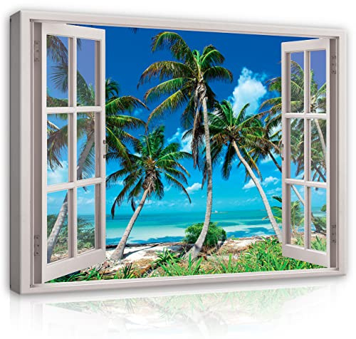 WallArena Leinwand Bilder 100x75 cm | Fensterbilck Fenster Strand Meer Natur, Leinwandbilder, Bild auf leinwand, Format: 100x75 cm (BxH) - einteilig auf