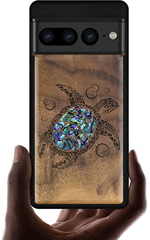 Carveit Designer Wooden Case for Google Pixel 7 Pro Case Cover [Wood Engraving & Shell Inlay] Unique Wood Phone Case Compatible with Wireless Chargers Pixel 7 Pro Case (Sea Turtle-Walnut)