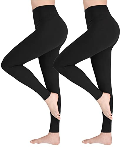 SOFTSAIL Leggings för kvinnor, hög midja, magkontroll, bantning, ogenomskinlig, fjärilig, mjuk, andningsbar, elastisk, stretchig, gym, träning, yogabyxor, Svart 2-pack, S/M