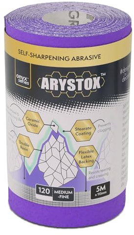 Axus Décor Arystox Rollo de papel abrasivo de óxido de cerámica, diseñado para mezclar superficies, papel de lija de pérdida mínima de grano, grano 120, (serie ónice, 5 m x 115 mm)