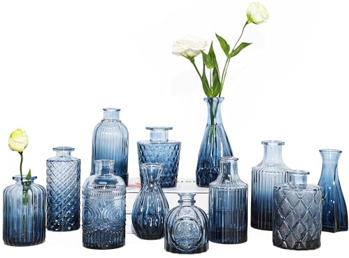 TBWIND 12Pcs Blue Glass Bud Vases Set, Small Vases for Flowers, Perfect for Centerpieces at Parties, Baby Showers, Weddings, Events, Graduation Season, Great Gifts for Office & Home Décor