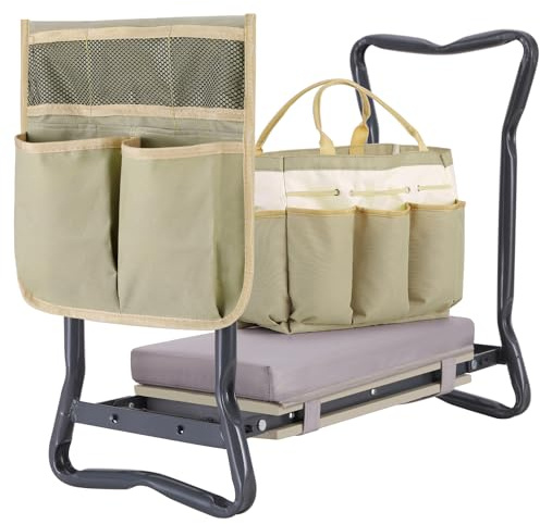 Ohuhu Taburete de jardinería plegable 2 en 1 mejorado con almohadilla suave desmontable, banco de jardín resistente con bolsa de herramientas grande y bolsa, regalos para mujeres, hombres, personas