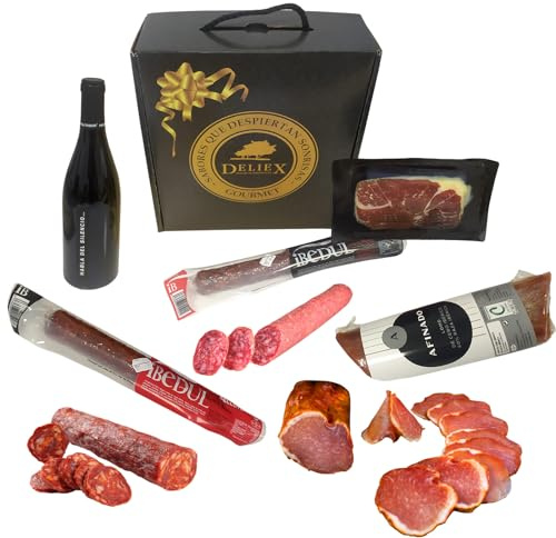 Deliex delicias de Extremadura. Lote de ibéricos con vino Habla del Silencio. Cesta regalo con jamón, embutidos ibéricos y vino.