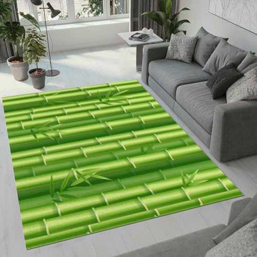 ROUSKI Bambus Teppich Wohnzimmer Schlafzimmer 3D Muster Design Grün Bambus Teppiche rutschfest Waschbarer Kurzflor Teppich Grösse 140x200 cm Flauschig Weich Soft Home Outdoor Carpet Matte