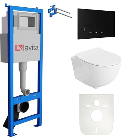 Lavita LAV 101 Vorwandelement für WC 40cm + Wand Hänge Tiefspül WC BRAVA Weiß Spülrandlos + Bedienplatte LAV 200.3.4 Schwarz | Komplettset | Unterputz Spülkasten | Toilette Komplett Sett