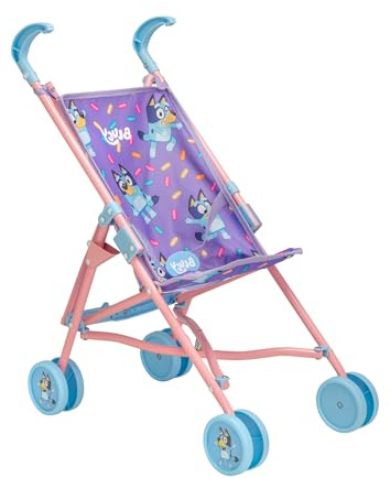 HTI Passeggino per Bambole Bluey Junior | Bambole Giocattolo con Passeggino | Passeggino Giocattolo per Bambini Bluey, Facile da Piegare, con Ombrello