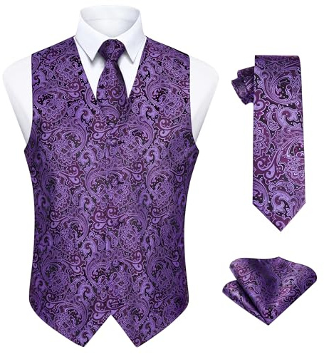 Enlision Westen für Herren Paisley Krawatte Einstecktuch Lila Anzugweste Set für Hochzeit Party Business M