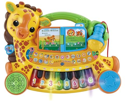 VTech - Mon Piano Girafe Jungle Rock, Instrument de Musique Bébé, Clavier Piano Enfant Parlant et Interactif avec Micro Karaoké, Cadeau Enfant Dès 18 Mois - Contenu en Français