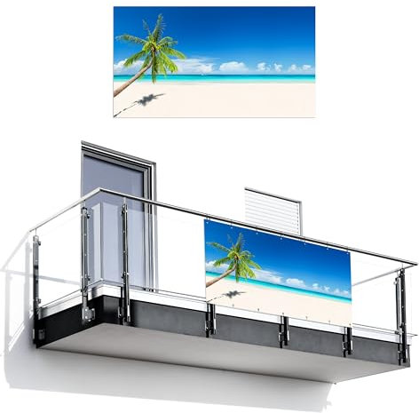 MuchoWow© Balkon Seitensichtschutz Einseitig 110x200 cm Groß PVC Terrassen Gartensichtschutz ohne Bohren Wetterfest Zaun Schutz Terrasse Balcony Decoration Palme - Strand - Meer