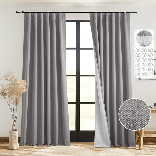 StangH Grey 100% Blackout Curtains 90 inches Long, Faux Linen Privacy Bedroom Window Treatments with Hooks Back Tab Energy Efficient Drapes for Sliding Glass Door Theater, W52 x L90, 2 Panels