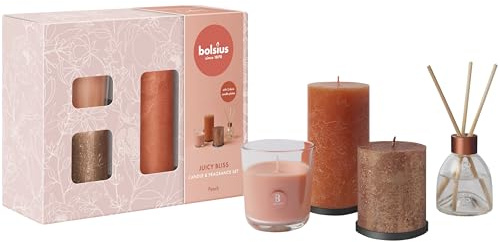 Bolsius Rustik Stumpenkerzen mit Duftstäbchen und Duftkerze - Geschenkset 4 Stück - Juicy Bliss - Pfirsich - Dekorativ - Länge Brenndauer - Enthält Natürliches Pflanzenwachs - Muttertag