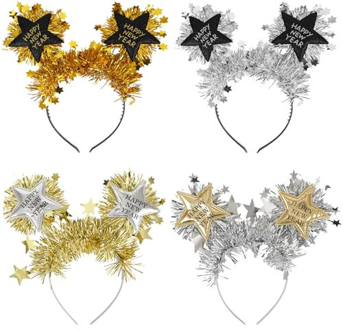Wolkstello 4 Stücke Silvester Haarreif,Happy New Year Haarreif,Silvester haarschmuck für Kinder Erwachsene,Party haarreif 2026,Neujahr Foto Requisiten party accessoires
