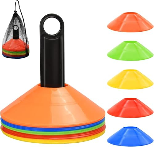 25 Plots de Marquage pour Football - Cônes d'Entraînement Multicolores avec Sac Filet | pour Slalom, Délimitation Terrain Exercices Sport Délimitation Entraînement Football Cônes de marquage Slalom