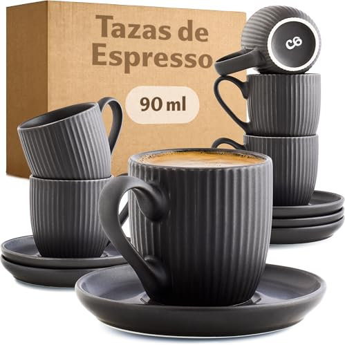 Cosumy Tazzine Caffe Espresso Moderne con Piattino - 6 Tazze 90ml con Manico - Unico disegno a righe - Ceramica Nero Opaca - Lavabili in lavastoviglie