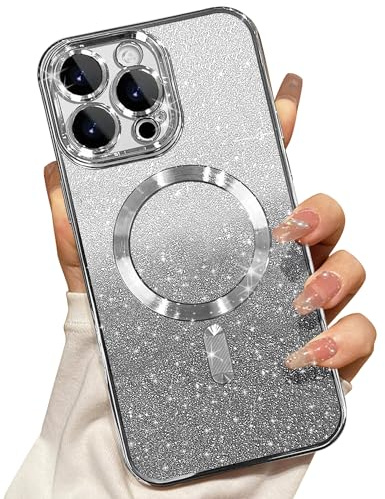 Misscase Magnetisch Hülle Kompatibel für iPhone 15 Pro Max, Glitzer Verlauf Handyhülle Kompatibel mit MagSafe, Stoßfest Anti-Kratzen mit Kamera Objektivschutz Niedliche TPU Schutzhülle-Silber
