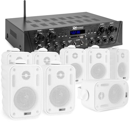 Power Dynamics PV240BT - Système Audio 4 Zones 400 Watts avec Amplificateur Bluetooth et 8 Enceintes Filaires BGO30 Blanches