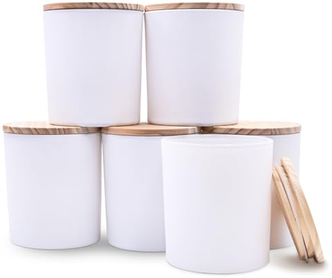 SHOWIN 400 ml dicke Kerzengläser zur Herstellung von Kerzen, leere Gläser mit Holzdeckel für Gewürzgläser, Probenbehälter, Mattweiß