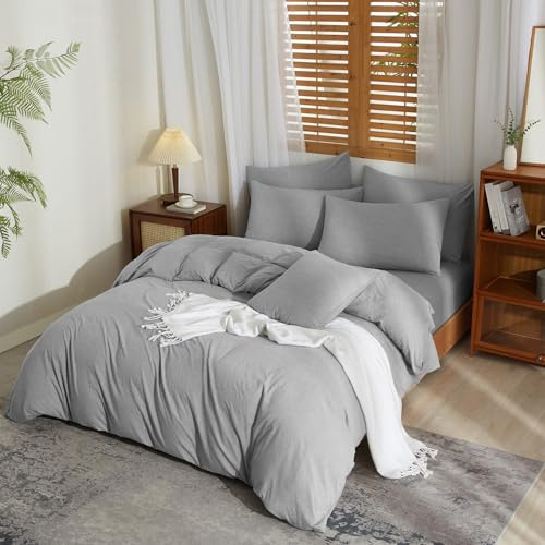 YASMENG Biancheria da letto in misto lino, 200 x 220 cm, grigio chiaro, biancheria da letto in lino e cotone, morbida, traspirante, morbida, moderna, in lino, 3 pezzi, con chiusura lampo e 2 federe da