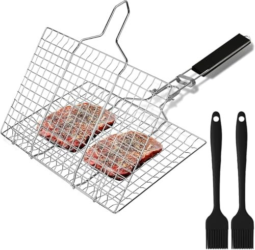 Griglia per barbecue in acciaio inossidabile,con Manico Rimovibile, con Pennello da Forno e Borsa,per Grigliare Pesce,Carne,Verdure,con Manico Cestello per Barbecue(32 x 22CM)