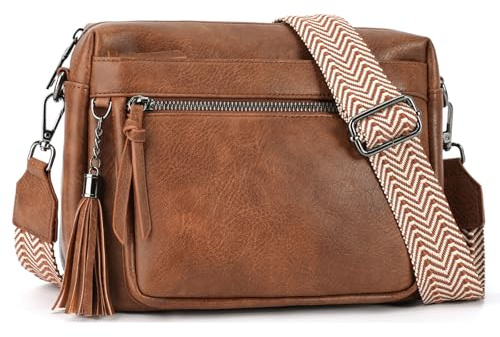YOVIEE Damen Umhängetasche Vintage Crossbody Bag Premium PU Leder Schulter und Handtasche 3 Reißverschlussfächer Verstellbarer Breiter Gurt Gold Hardware Kompakt für Alltag und Sonderanlässe