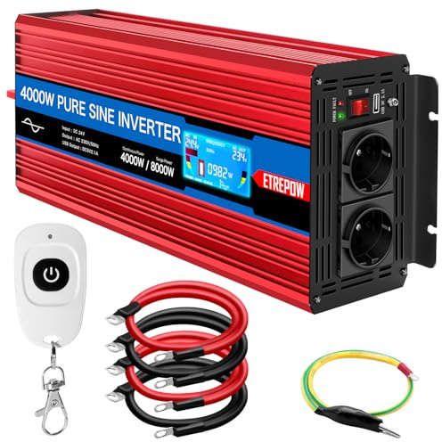 ETREPOW Convertisseur 24V 220V/230V Pur Sinus 4000W/8000W Onduleur à Transformateur avec Télécommande et Double Prises AC pour RV Voiture de Camion