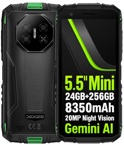 DOOGEE Mini Teléfono Resistente Fire 3 Ultra, 24GB+256GB, 20MP Visión Nocturna Cámara, 5,5 HD+, Cuerpo Compacto+Agarre Fácil, Batería 8350mAh, IA Gemini, Smartphone Antigolpes IP68, NFC GPSS Verde