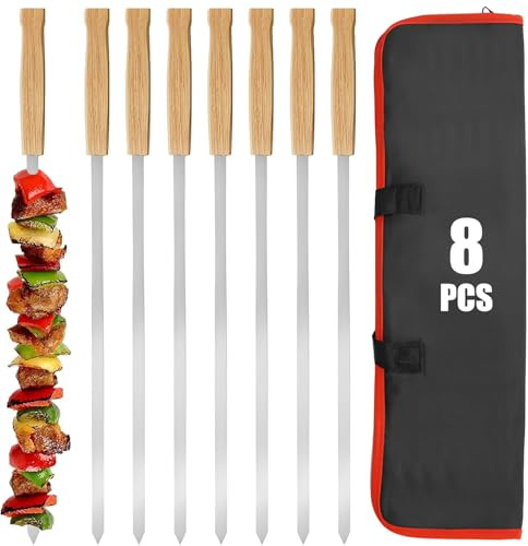 Wzzy Gurder, 8 stycken grillspett återanvändbara, 40 cm platta kebabspett rostfritt stål, Adana Kebab-spett med trähandtag, kebabspett, för kött, grönsaker, köttspett, grilltillbehör