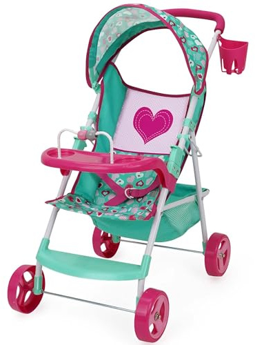 509 Crew: Mint Heart - Sarah Doll Stroller - Hot Pink & Green, Cup Holder, Tray Play, Storage Basket, Folding Accessory, Pretend Play Toy, Kids 3+