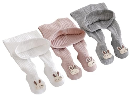 ACMEDE Collant da bambina con applicazione di coniglio, in cotone, taglia 62/68/74, confezione da 3 pezzi, per ragazzi a maglia, 80/86/92, calze solide, leggings con calzini antiscivolo, 3 mesi e 3