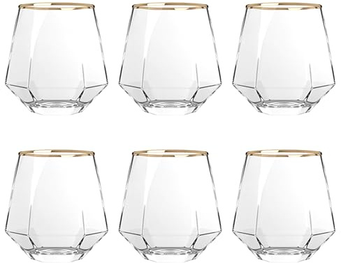 Lydlrum 6PCS Golden Diamond Whiskey Glasses, Set of 6 Water Juice Tumbler Tilted Scotch Glass 300ml Whisky Glass, Glassware for Bourbon/Rum/Bar Tumbler