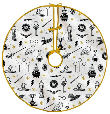 Hallmark Harry Potter Christmas Tree Skirt, Plush Fabric, White, Gold | Soft Polyester, Easy to Attach, Ideal for Fans, Gold and White, Fits 121.9cm Trees