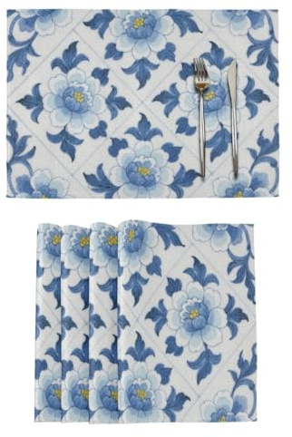 Porcelain Chinese Style Floral Decorative placemats for dining table wipeable heat resistant under plates mats tapetes para mesa de sala set of 6 12x18