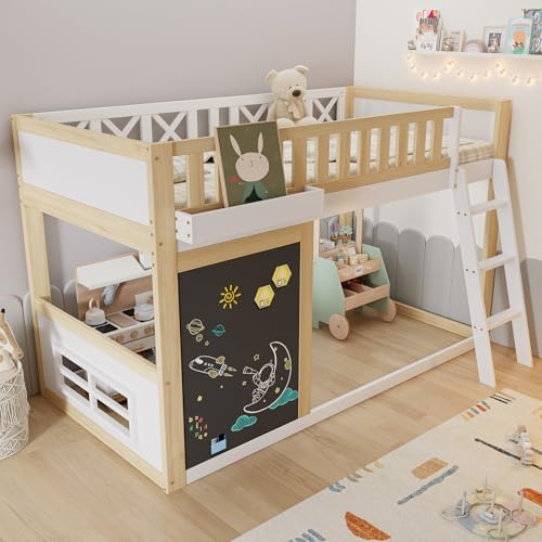 Kinderbett Hochbett 90x200, Etagenbett Stockbett mit Tafel&Aufbewahrungsbox&Leiter, Einzelbett Holzbett Jugendbett Bettgestell Spielbett mit Lattenrost&Rausfallschutz, Kiefer, Ohne Matratze, Weiß