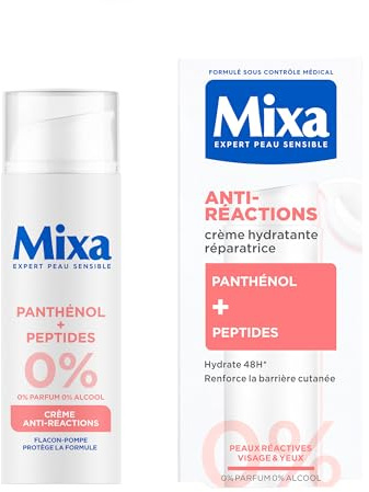 MIXA - Crème Anti-Réactions - Hydrate Intensément & Répare La Barrière Cutanée en 4H* - Sans Parfum, Sans Alcool - Panthénol + Peptides - Tous Types de Peaux Réactives - Flacon-Pompe 50 ml