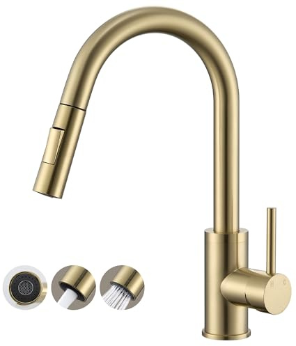 KPW Kitchen Sink Mixer Tap with Pull Out Spray,Brushed Gold Stainless Steel | 360° Rotating Spout - Single Handle Monobloc Faucet (Includes G3/8 Connection Hoses)